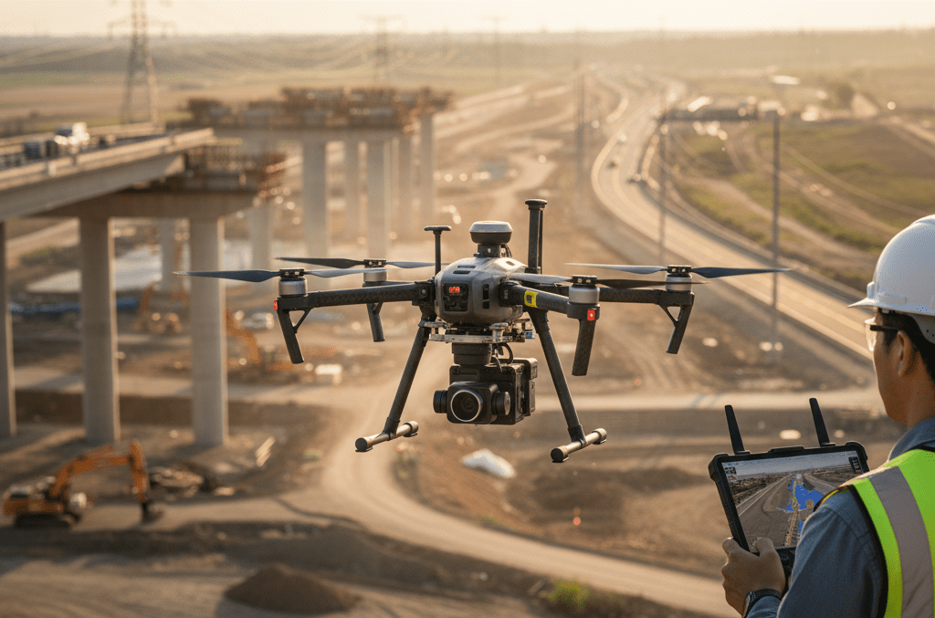 Drone performing LiDAR survey over a construction site